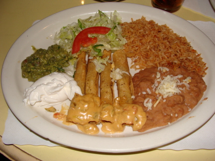 Flautas with guacamole and chile con queso