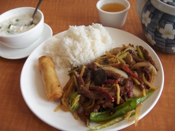 Szechuan beef with spinach tofu soup