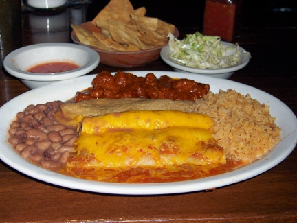 Green Enchilada, Rolled Taco, Chile Relleno, and Chile con Carne