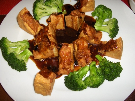 Stuffed tofu Cantonese style with shrimp balls stuffed inside the tofu