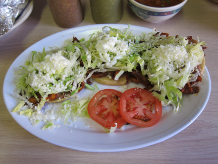 Sopes with tacos al pastor meat from Birrieria Diaz