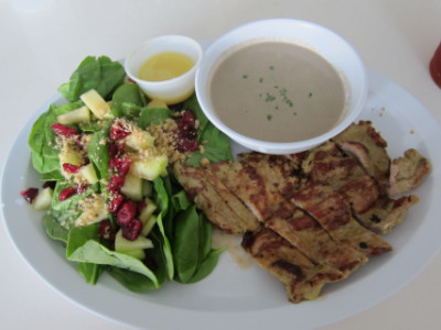 Grilled pork and portobello mushroom soup