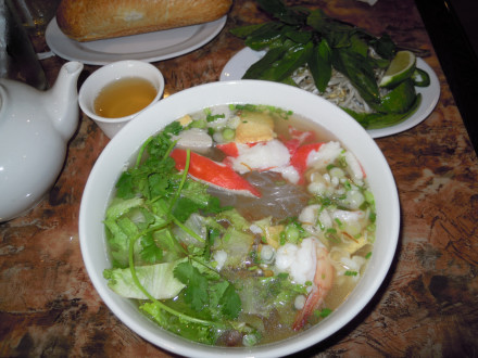 Seafood clear noodle soup with pork balls