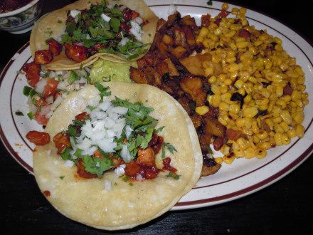 Pork tacos with potatoes and corn