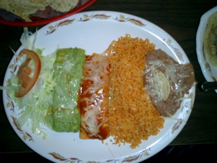 Red and green enchilada plate